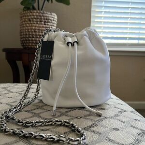 New Ralph Lauren Nappa Leather Medium Emmy Bucket Bag in white